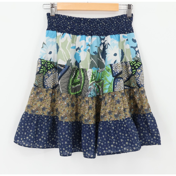 Boho Patchwork Tiered Mini Skirt Cottage Peasant 70s Smocked Waist Floral Size S - Picture 1 of 10